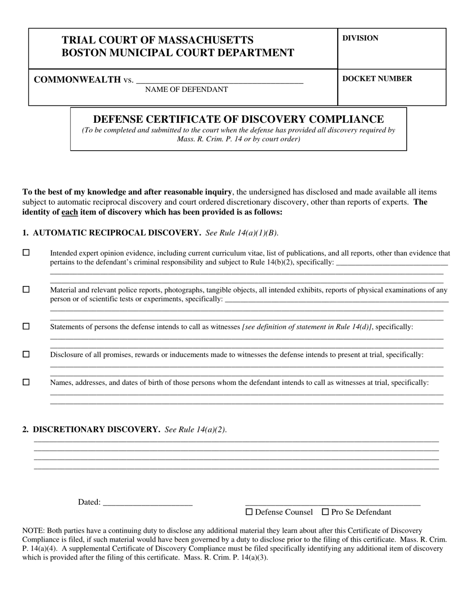 Defense Certificate of Discovery Compliance - City of Boston, Massachusetts, Page 1