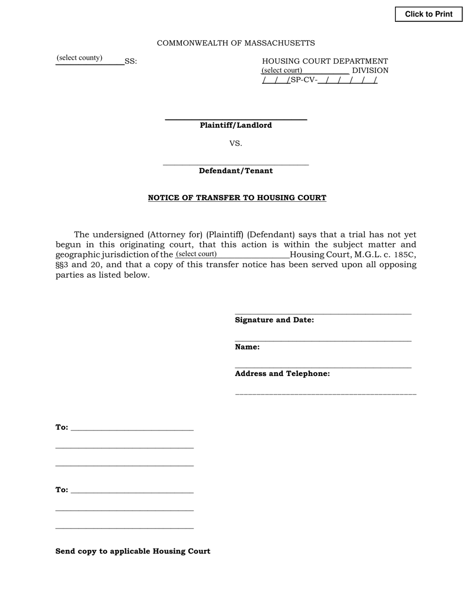 Notice of Transfer to Housing Court - Massachusetts, Page 1
