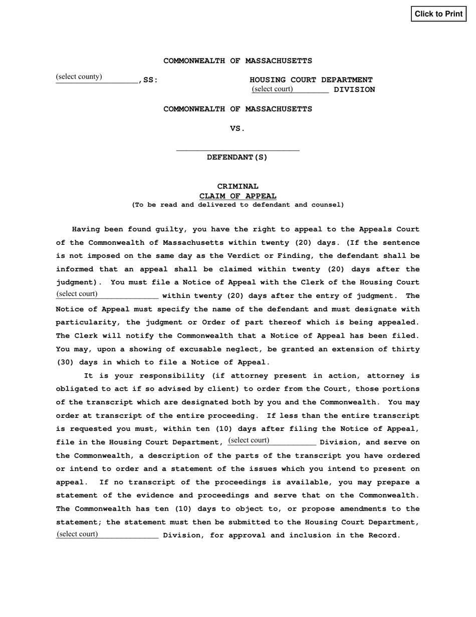 Criminal Claim of Appeal - Massachusetts, Page 1