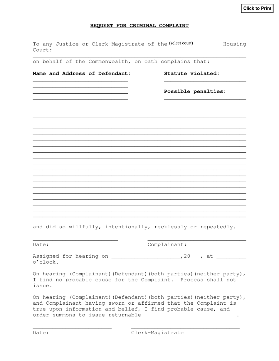 Request for Criminal Complaint - Massachusetts, Page 1