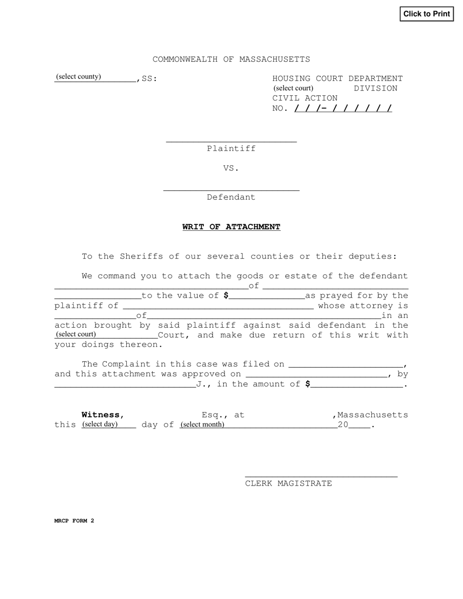 MRCP Form 2 Writ of Attachment - Massachusetts, Page 1