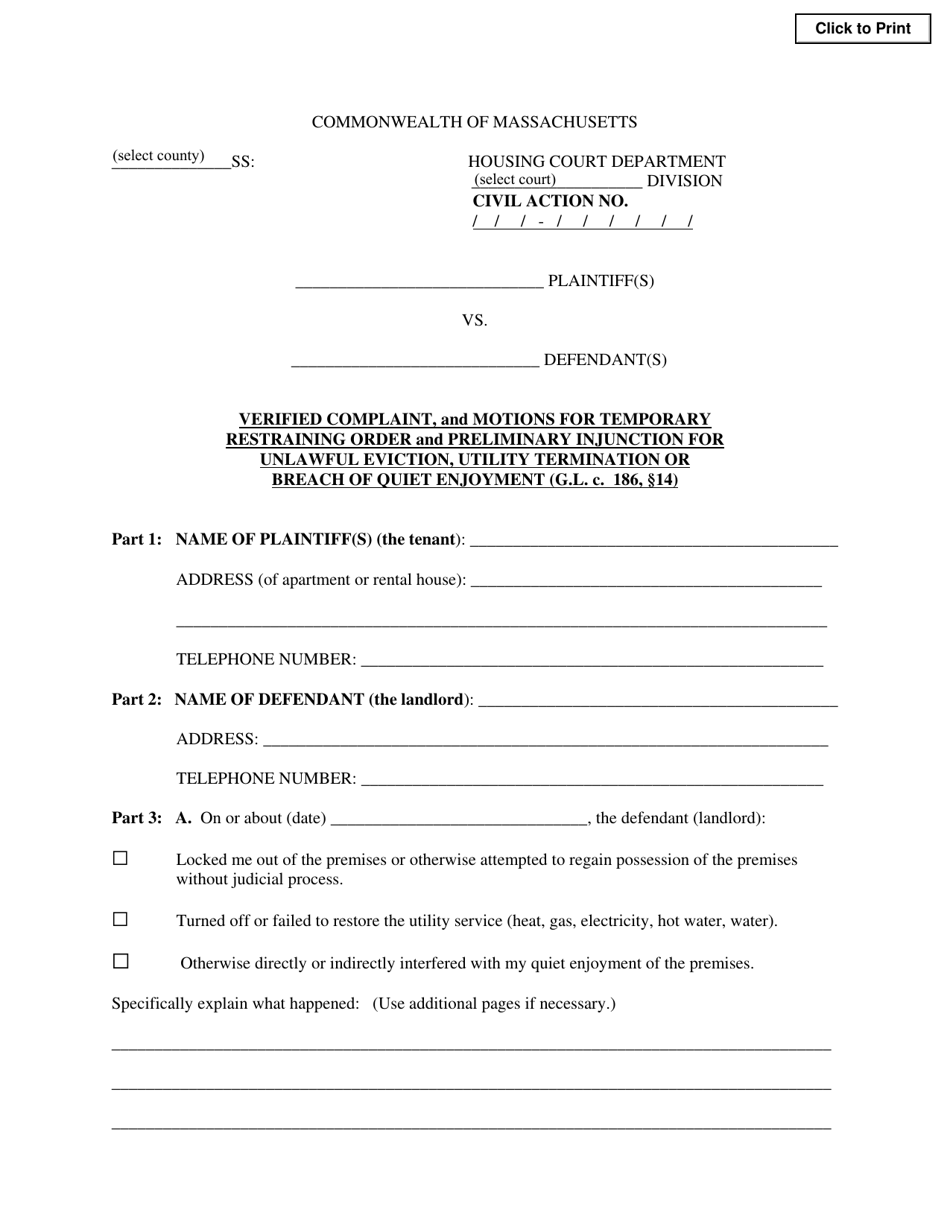 Verified Complaint, and Motions for Temporary Restraining Order and Preliminary Injunction for Unlawful Eviction, Utility Termination or Breach of Quiet Enjoyment - Massachusetts, Page 1