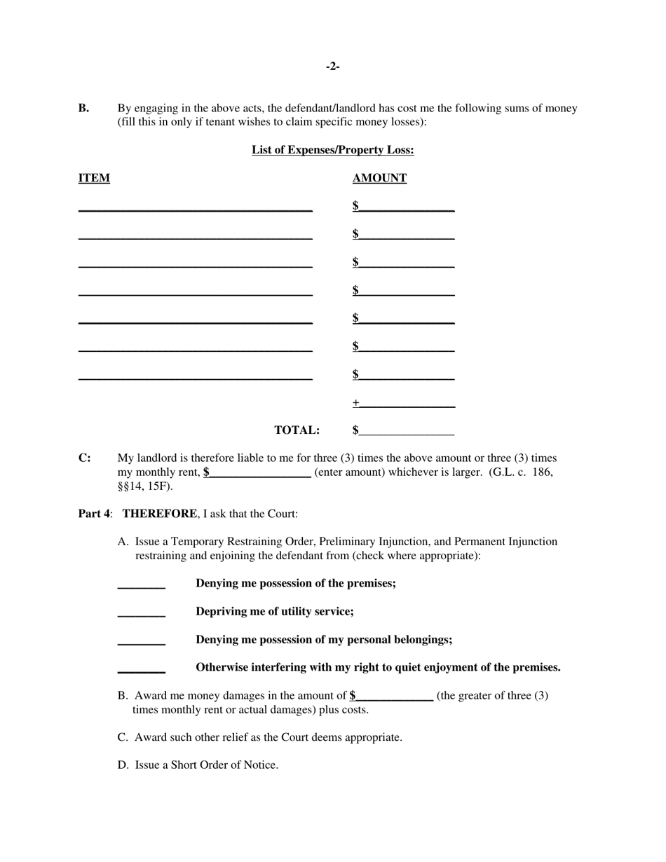 Verified Complaint, and Motions for Temporary Restraining Order and Preliminary Injunction for Unlawful Eviction, Utility Termination or Breach of Quiet Enjoyment - Massachusetts, Page 2