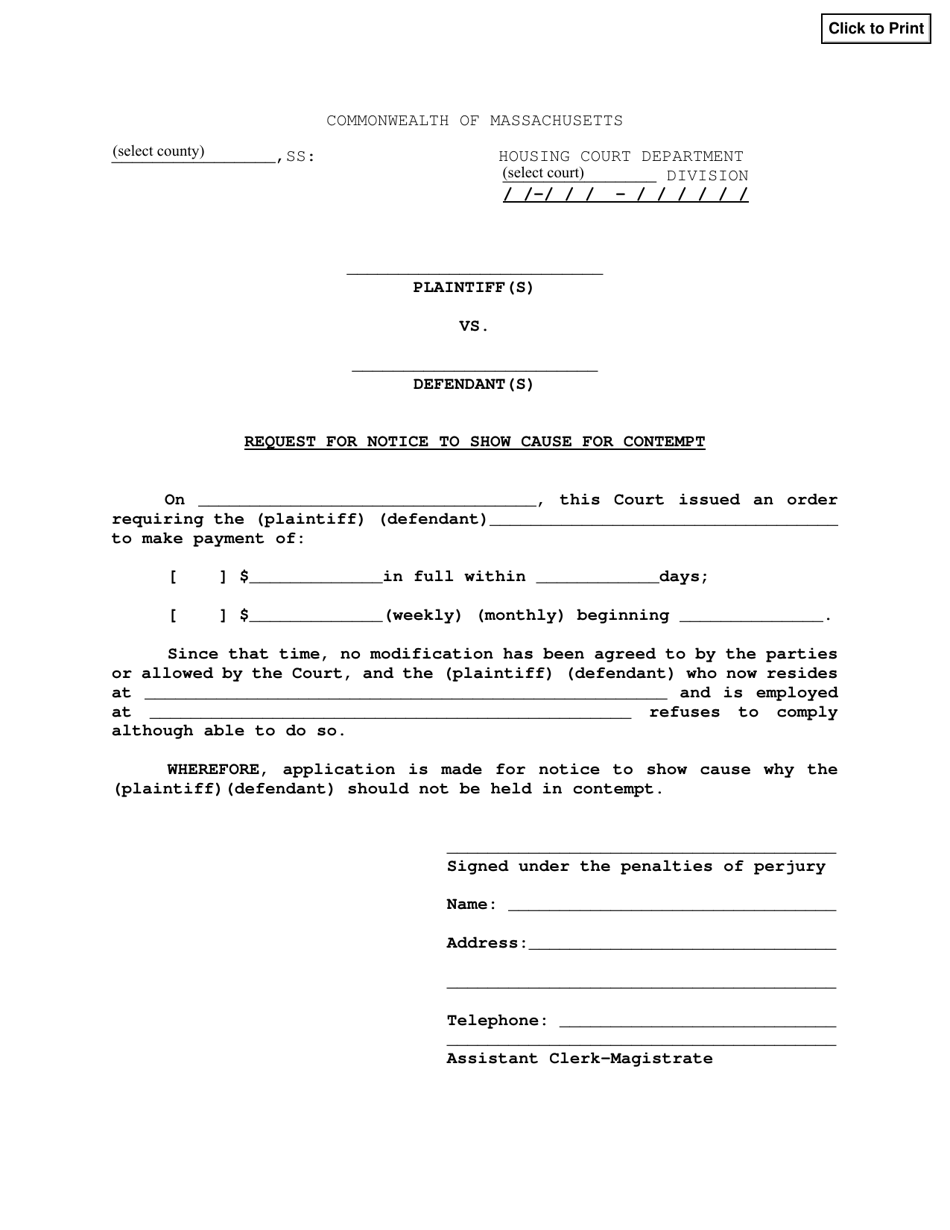 Request for Notice to Show Cause for Contempt - Massachusetts, Page 1
