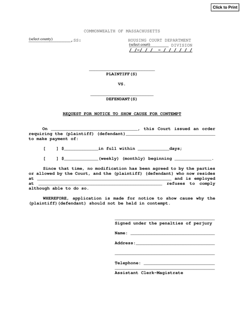 Request for Notice to Show Cause for Contempt - Massachusetts Download Pdf