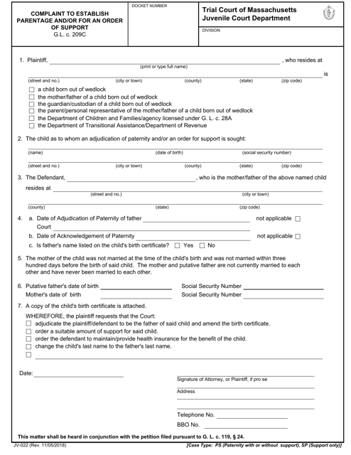 Form JV-022 Complaint to Establish Parentage and/or for an Order of Support - Massachusetts