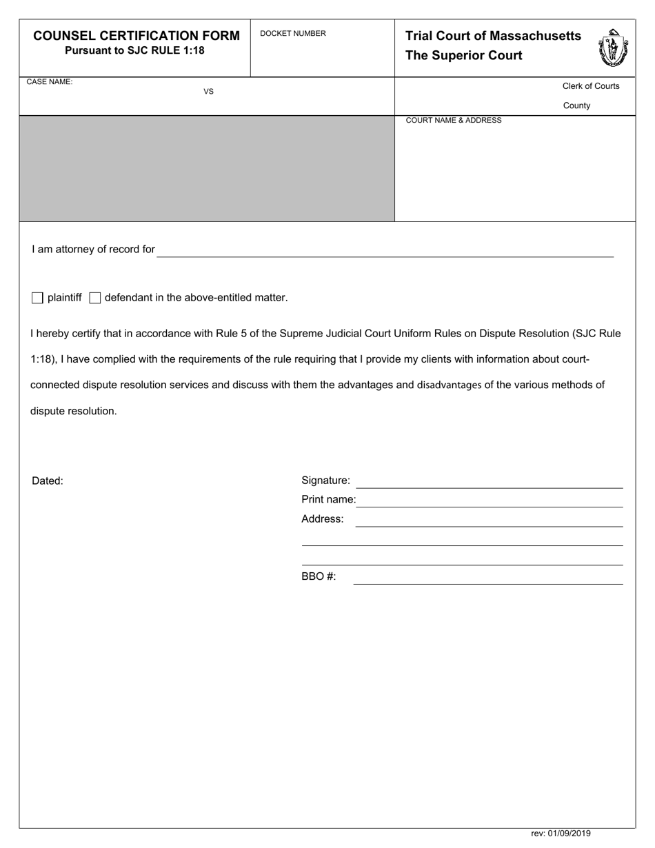 Counsel Certification Form - Massachusetts, Page 1