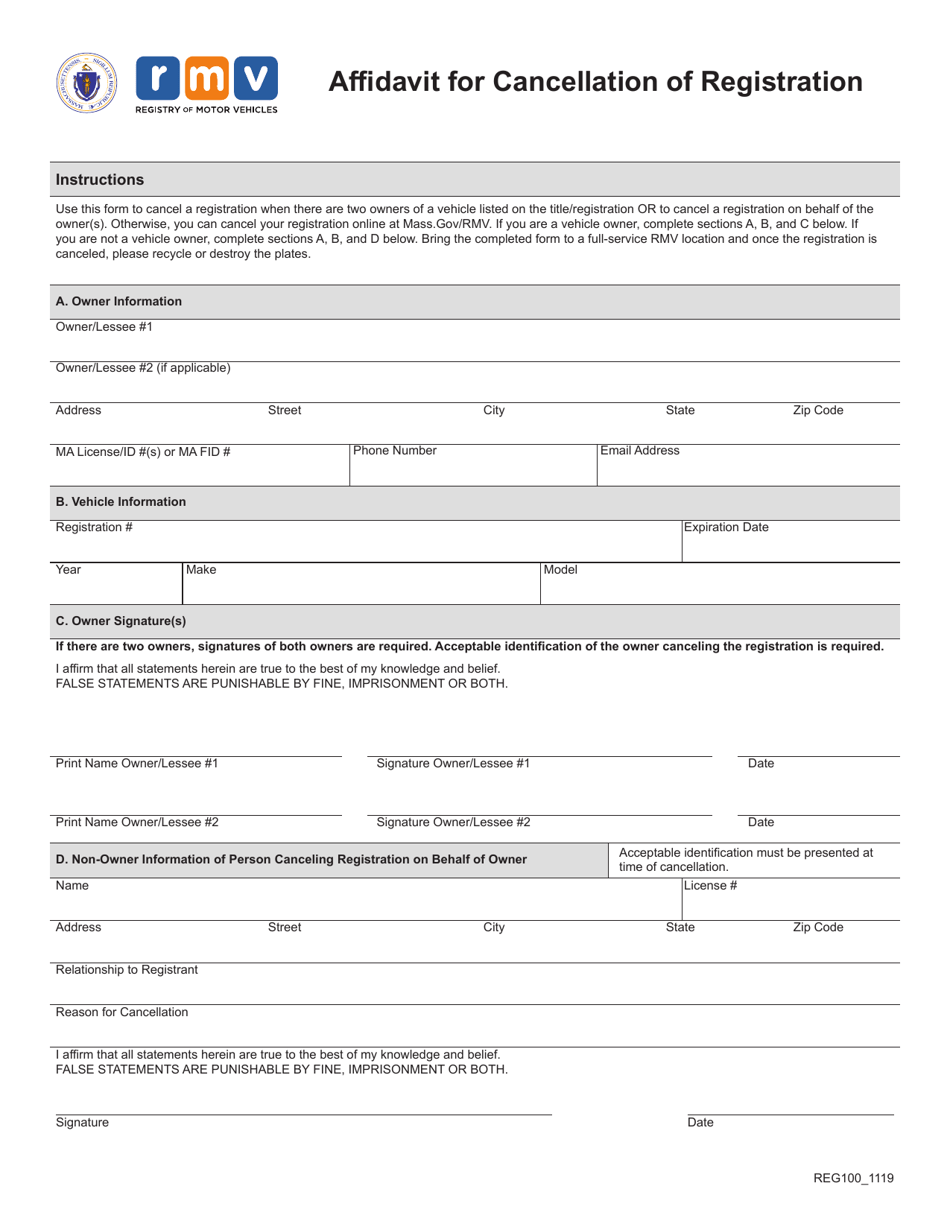 Form REG100 Affidavit for Cancellation of Registration - Massachusetts, Page 1