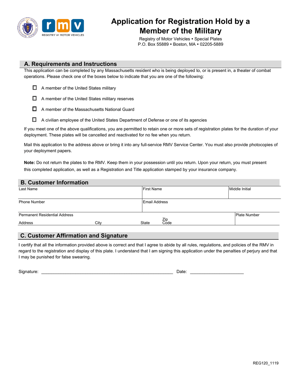 Form REG120 Application for Registration Hold by a Member of the Military - Massachusetts, Page 1