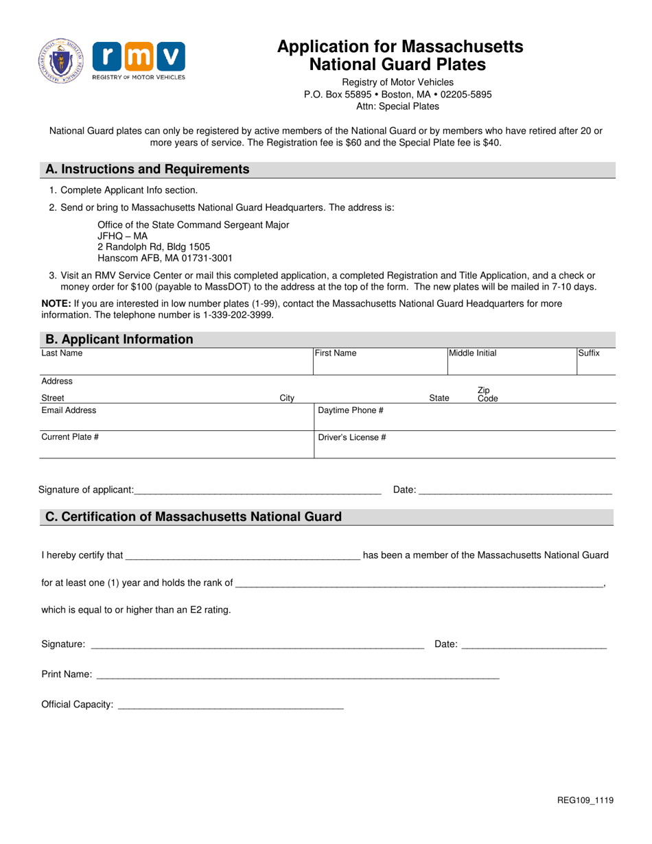 Form REG109 Application for Massachusetts National Guard Plates - Massachusetts, Page 1