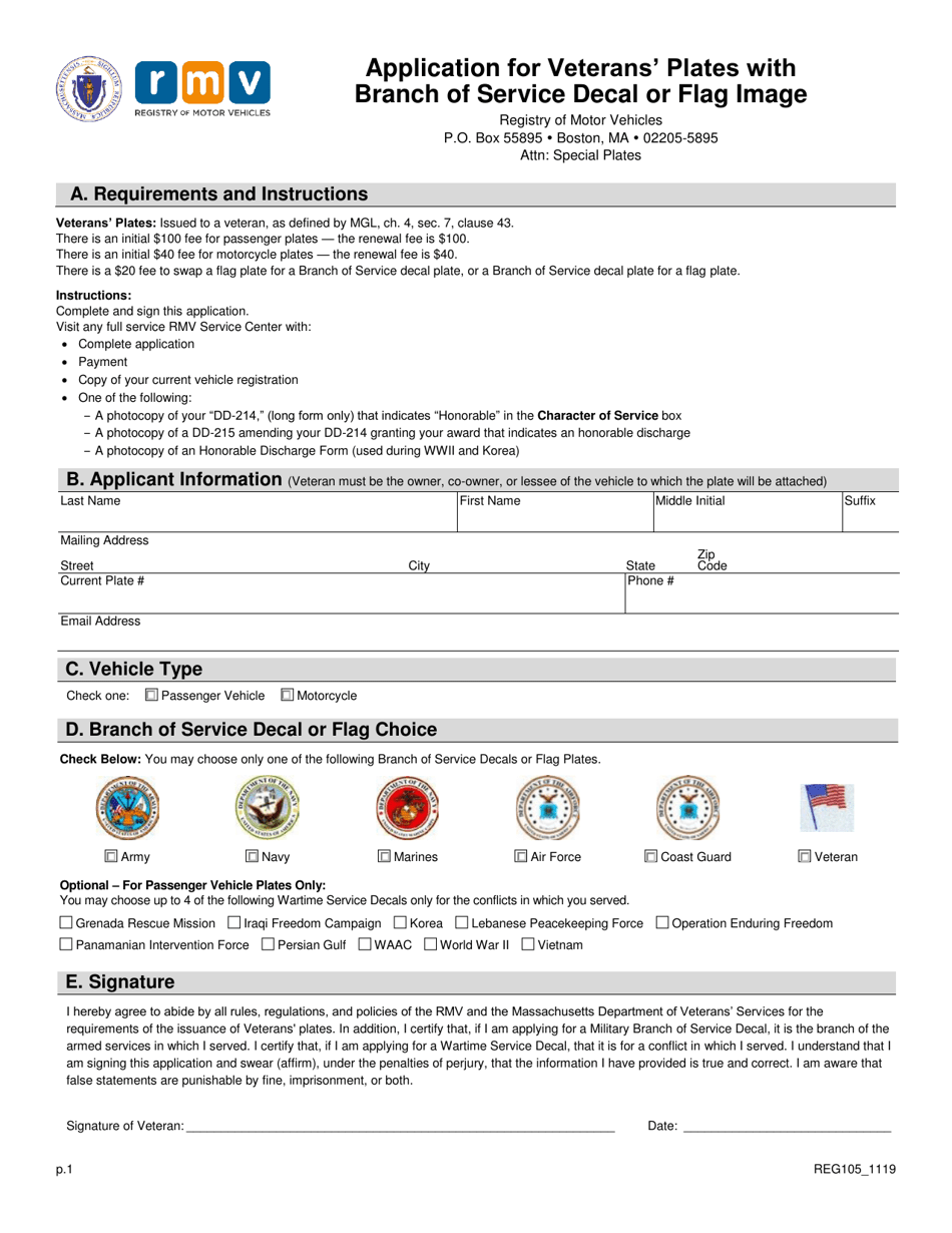 Form REG105 Application for Veterans Plates With Branch of Service Decal or Flag Image - Massachusetts, Page 1
