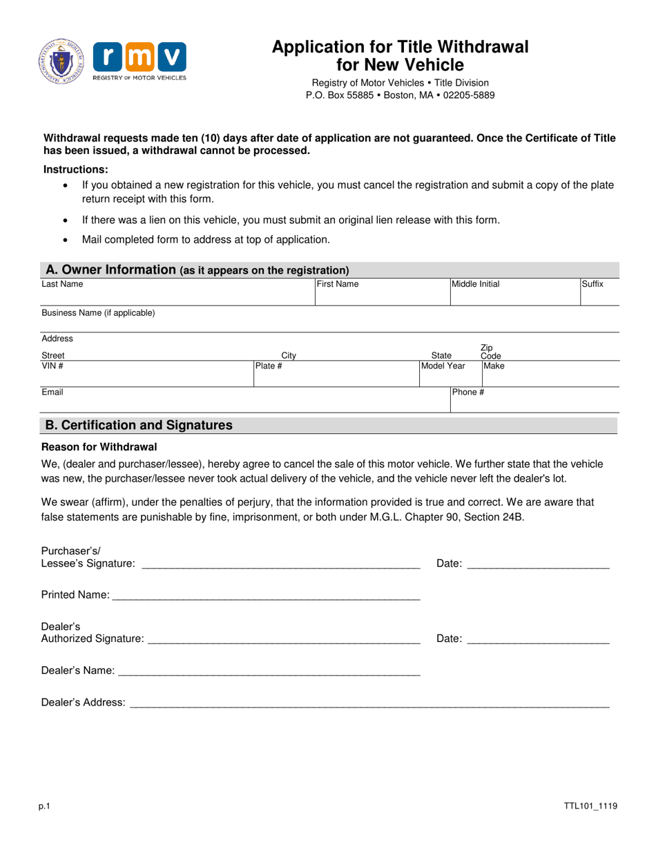 Form TTL101 Application for Title Withdrawal for New Vehicle - Massachusetts, Page 1