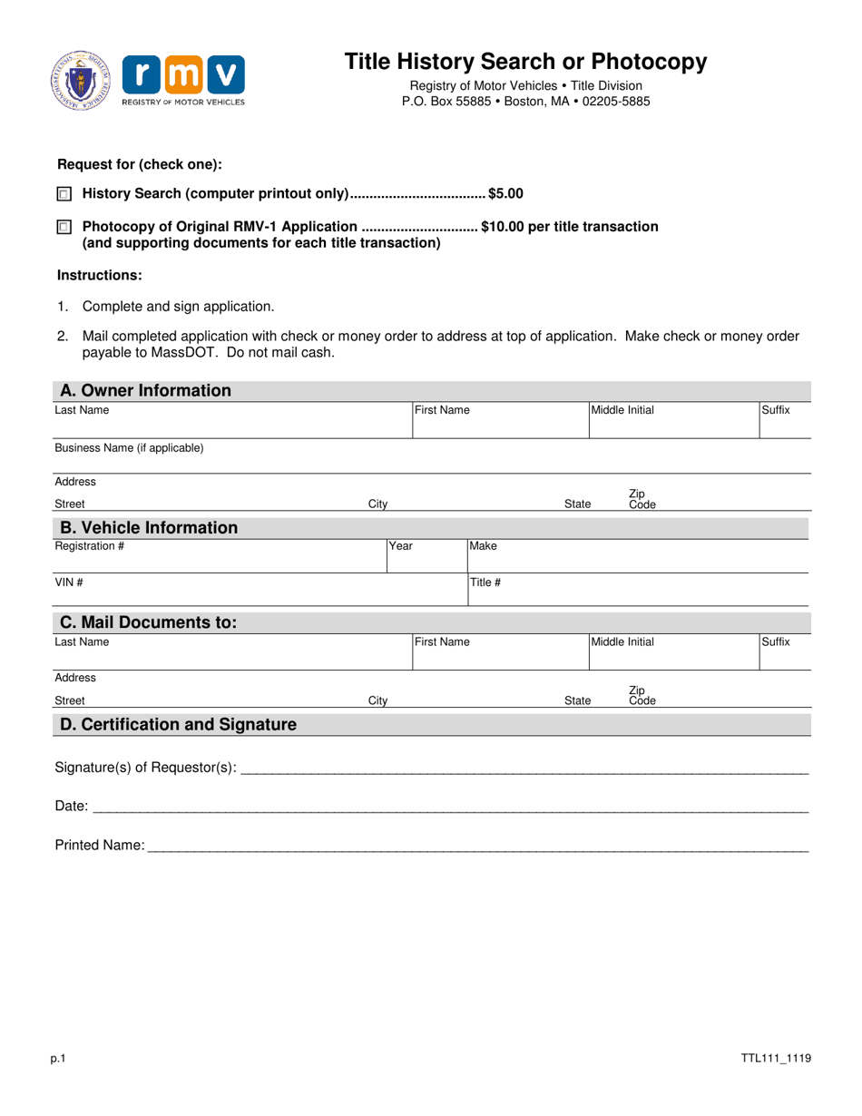 Form TTL111 Title History Search or Photocopy - Massachusetts, Page 1