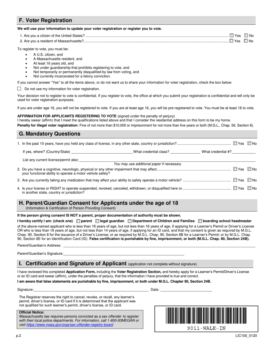 Form LIC100 Drivers License, Learners Permit or Id Card Application - Massachusetts, Page 2