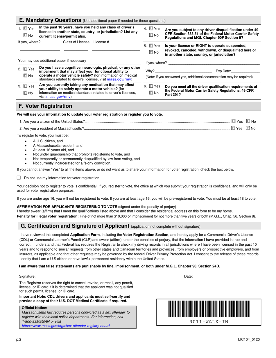 Form LIC104 Commercial Learners Permit or Drivers License Application - Massachusetts, Page 2