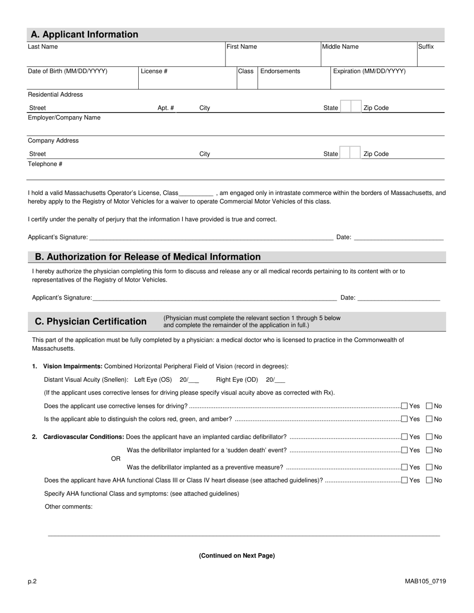 Form MAB105 Application for Intrastate Medical Waivers to Operate Class a, B, or C Commercial Motor Vehicles - Massachusetts, Page 2
