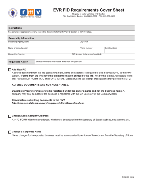 Form EVR102 Evr Fid Requirements Cover Sheet - Massachusetts