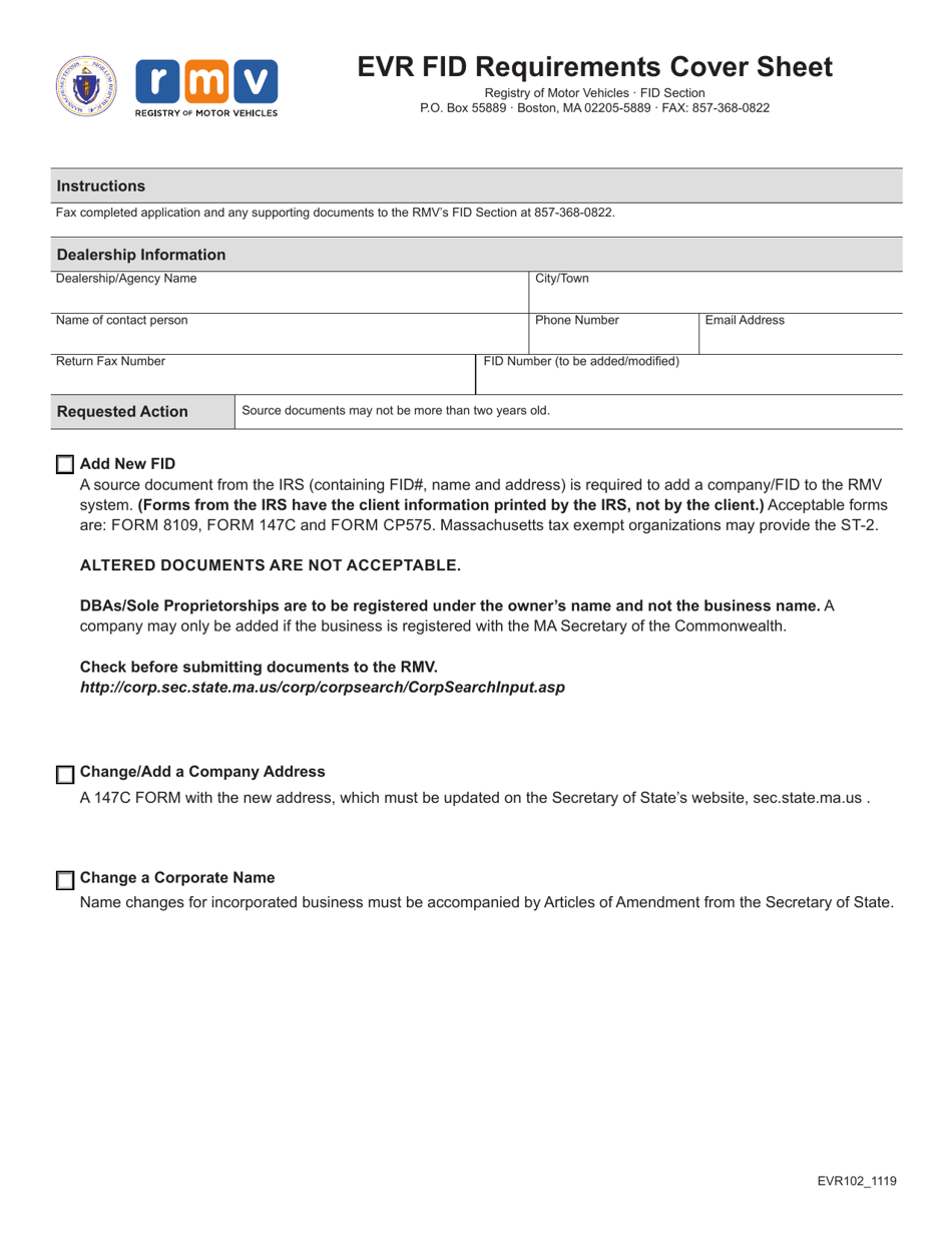 Form EVR102 Evr Fid Requirements Cover Sheet - Massachusetts, Page 1