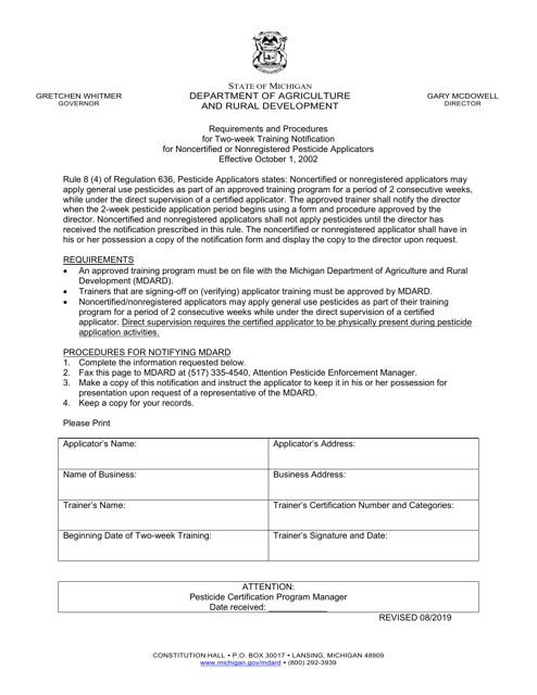Requirements and Procedures for Two-Week Training Notification for Noncertified or Nonregistered Pesticide Applicators - Michigan Download Pdf