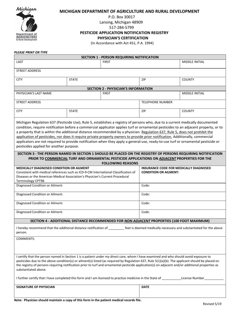 Pesticide Application Notification Registry Physician's Certification - Michigan Download Pdf