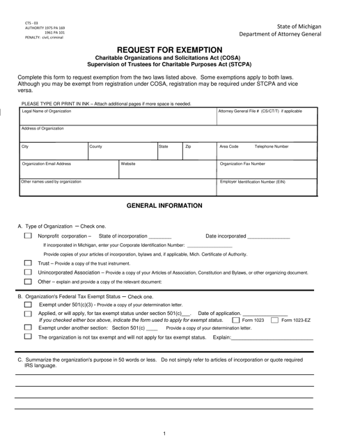 Form CTS-03 Request for Exemption - Michigan