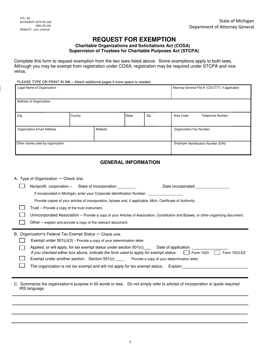 Form CTS-03 Request for Exemption - Michigan, Page 1