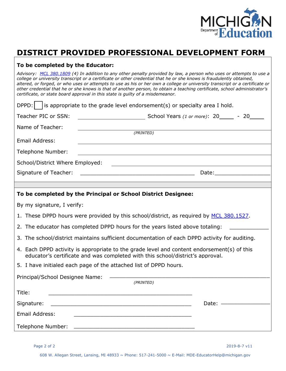 District Provided Professional Development Form - Michigan, Page 2