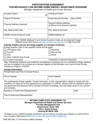 Form DHS-355 &quot;Participation Agreement for Michigan's Low Income Home Energy Assistance Program&quot; - Michigan