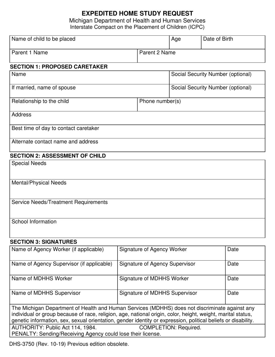 Form DHS-3750 Expedited Home Study Request - Michigan, Page 1