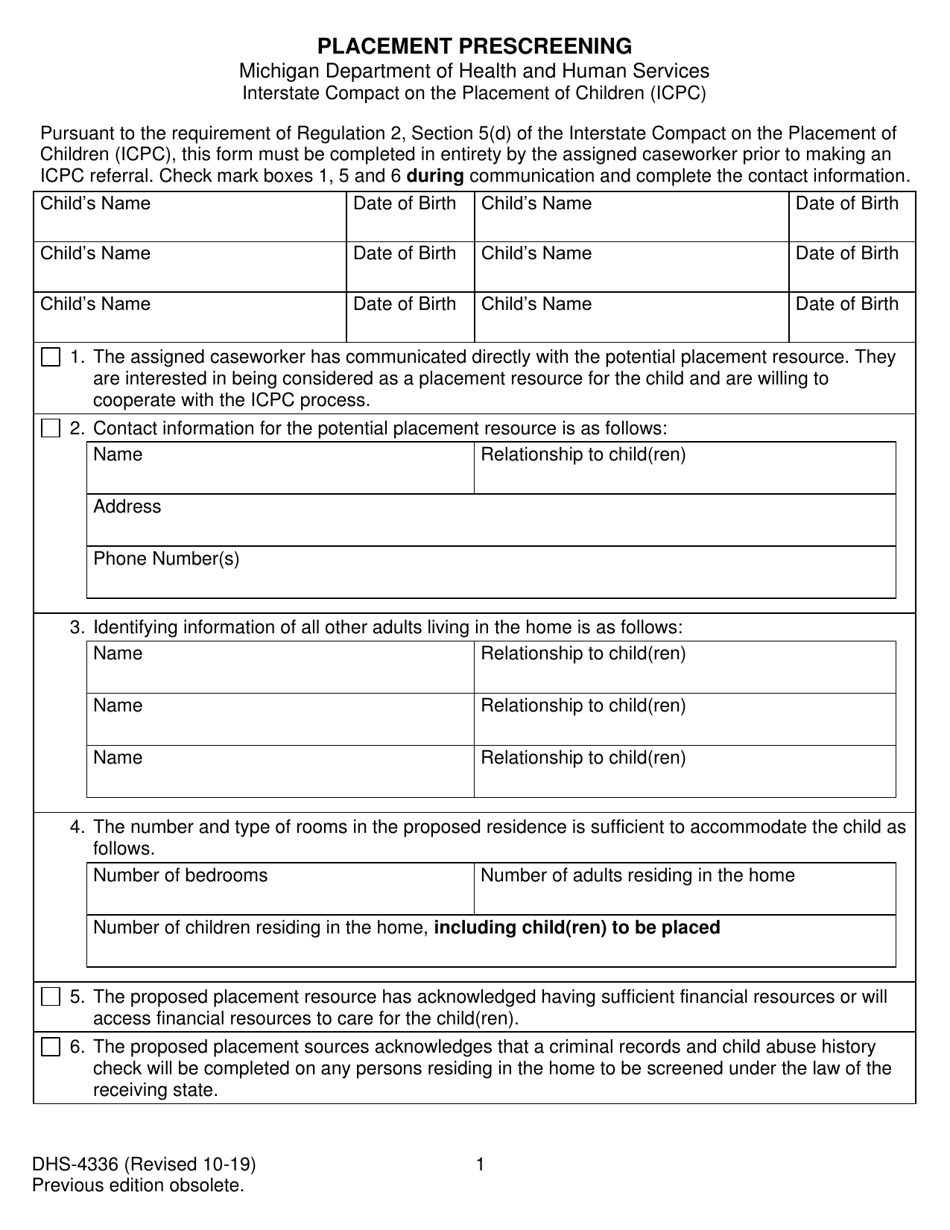 Form DHS-4336 Placement Prescreening - Michigan, Page 1