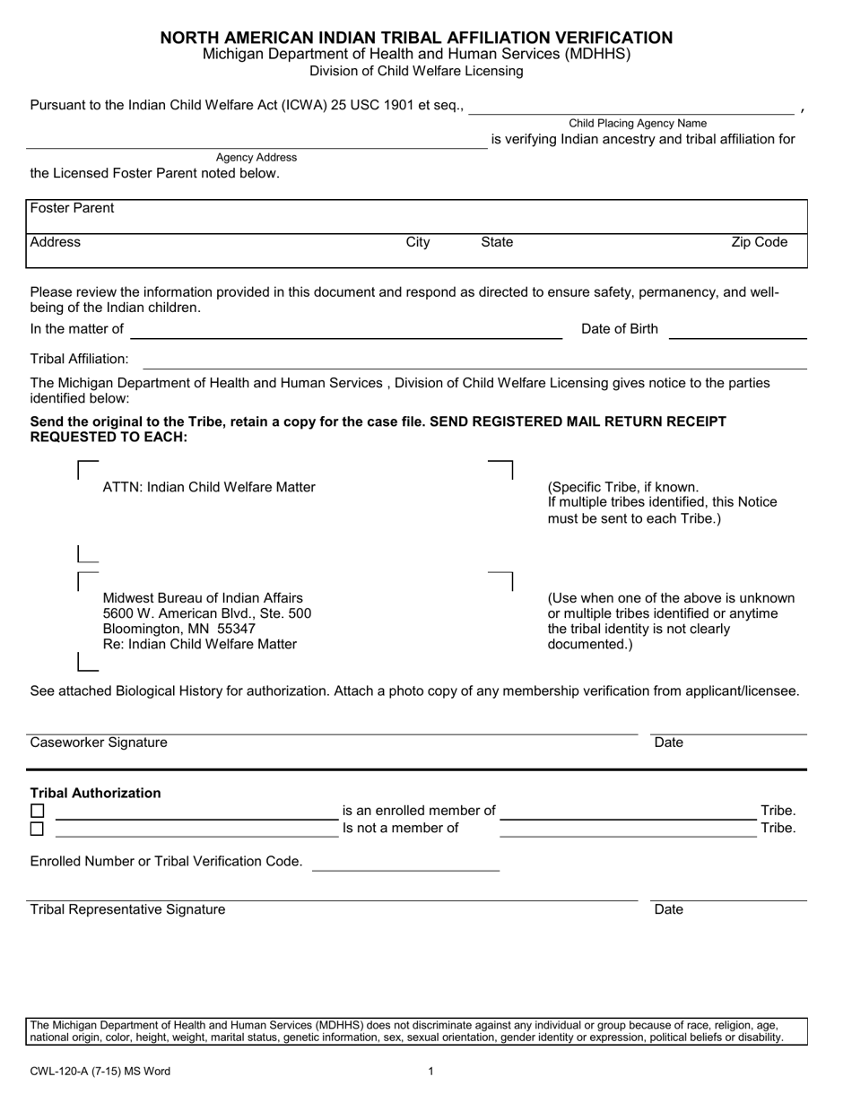 Form CWL-120-A North American Indian Tribal Affiliation Verification - Michigan, Page 1
