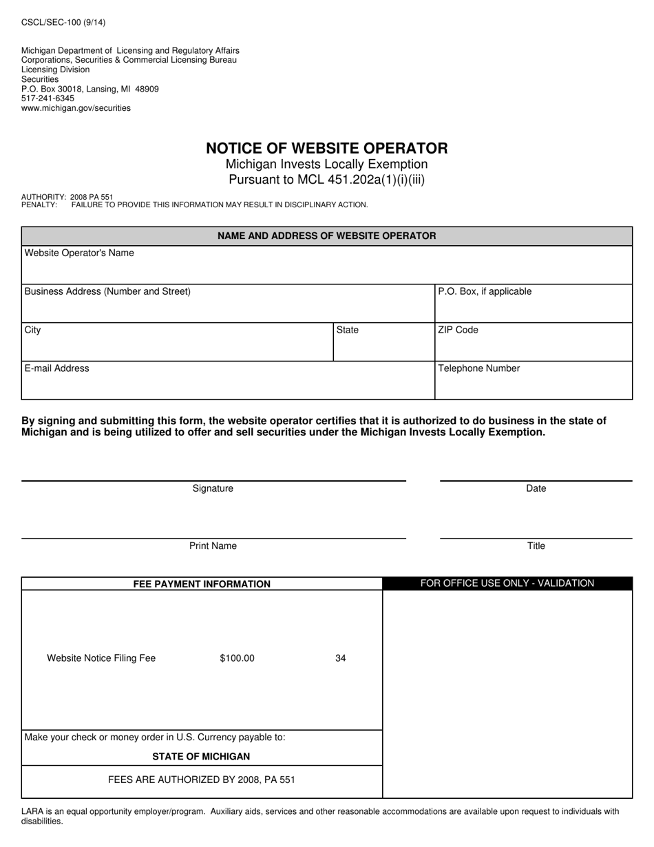 Form CSCL / SEC-100 Notice of Website Operator - Michigan, Page 1