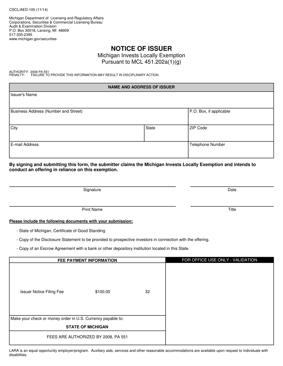 Form CSCL / AED-100 Notice of Issuer - Michigan, Page 1
