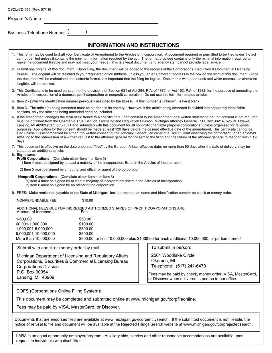 Form CSCL / CD-515 Certificate of Amendment to the Articles of Incorporation for Use by Domestic Profit and Nonprofit Corporations - Michigan, Page 4