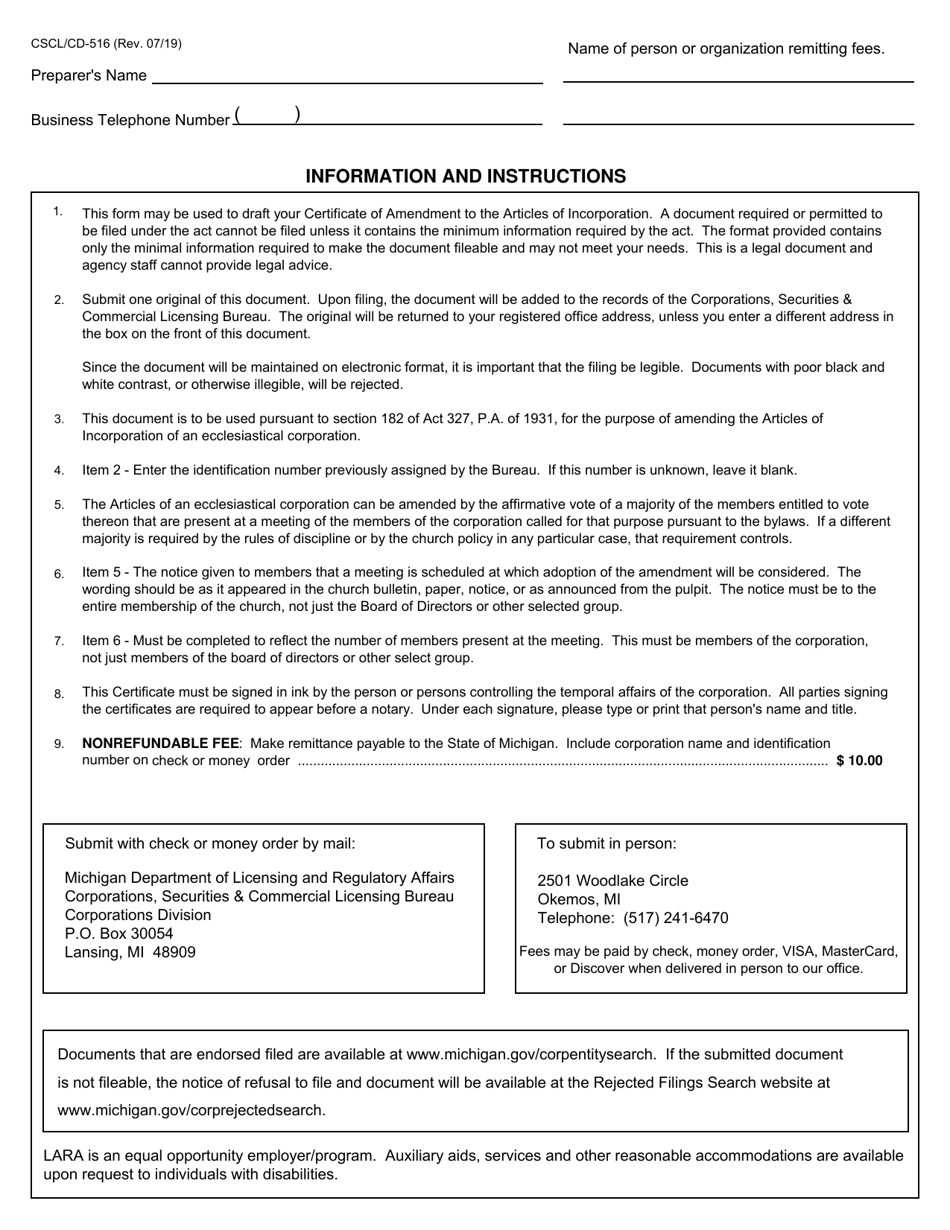 Form CSCL / CD-516 Certificate of Amendment to the Articles of Incorporation for Use by Ecclesiastical Corporations - Michigan, Page 3