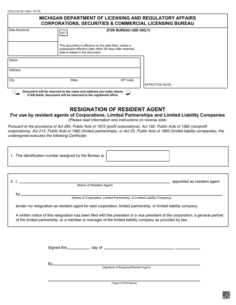 Form CSCL / CD-521 Resignation of Resident Agent for Use by Resident Agents of Corporations, Limited Partnerships and Limited Liability Companies - Michigan, Page 1
