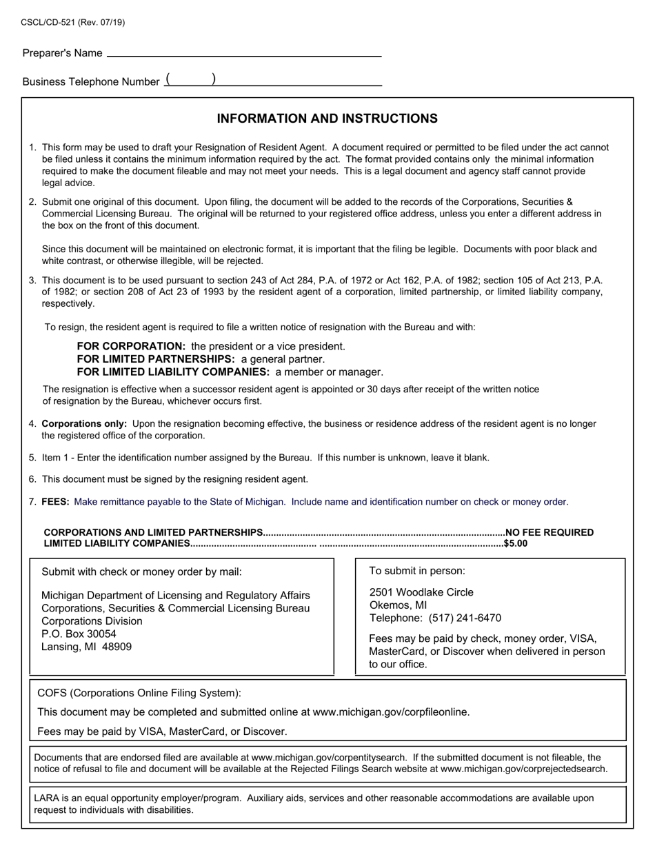 Form CSCL / CD-521 Resignation of Resident Agent for Use by Resident Agents of Corporations, Limited Partnerships and Limited Liability Companies - Michigan, Page 2