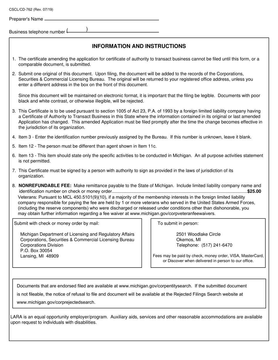 Form CSCL / CD-762 Certificate Amending Application for Certificate of Authority to Transact Business in Michigan for Use by Foreign Limited Liability Companies - Michigan, Page 3