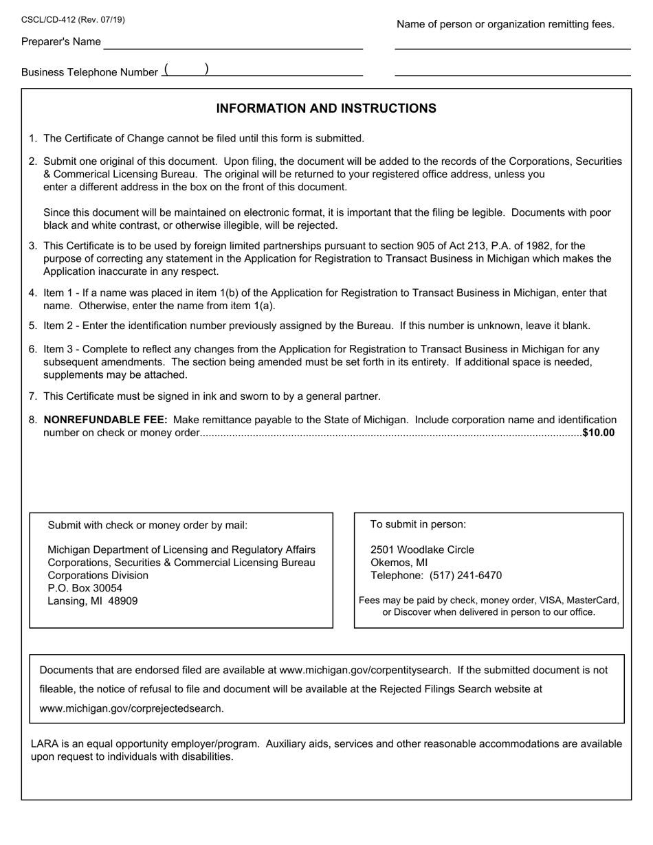 Form CSCL / CD-412 Certificate of Change for Use by Foreign Limited Partnerships - Michigan, Page 3