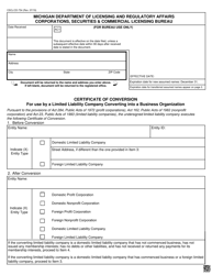 Form CSCL/CD-754 Certificate of Conversion for Use by a Limited Liability Company Converting Into a Business Organization - Michigan