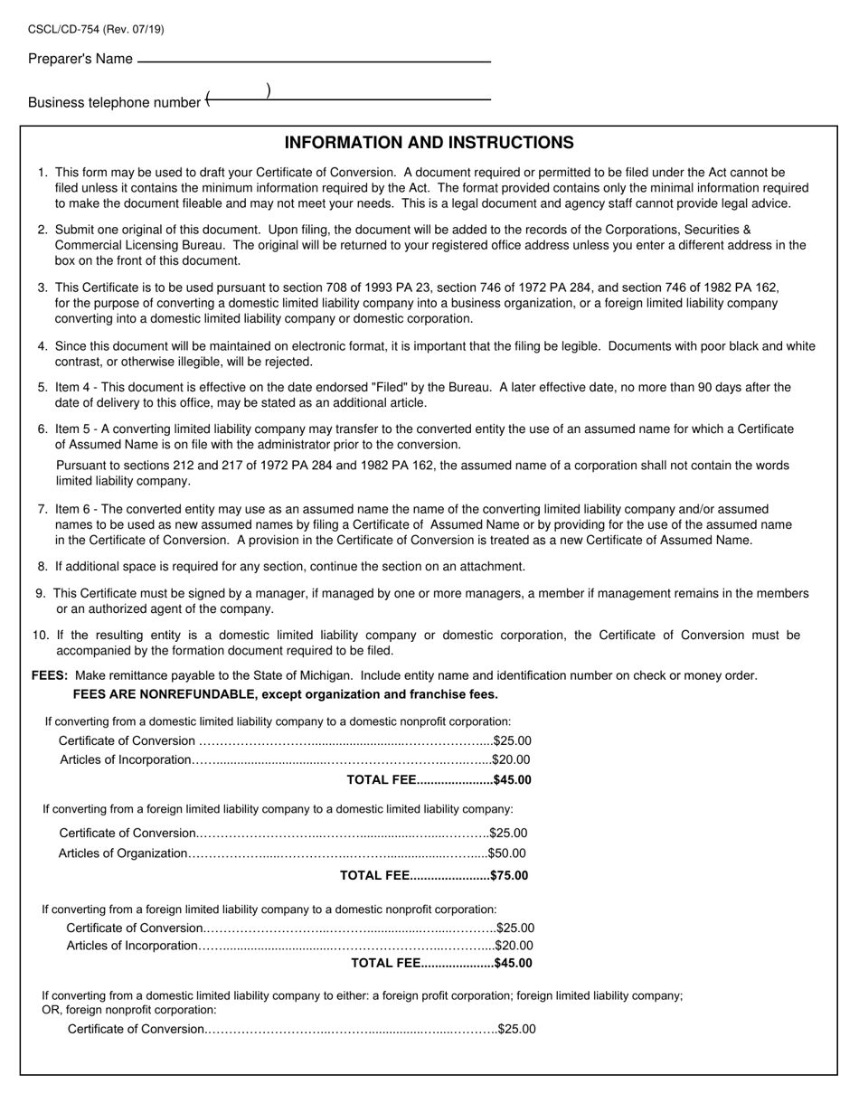 Form CSCL / CD-754 Certificate of Conversion for Use by a Limited Liability Company Converting Into a Business Organization - Michigan, Page 5