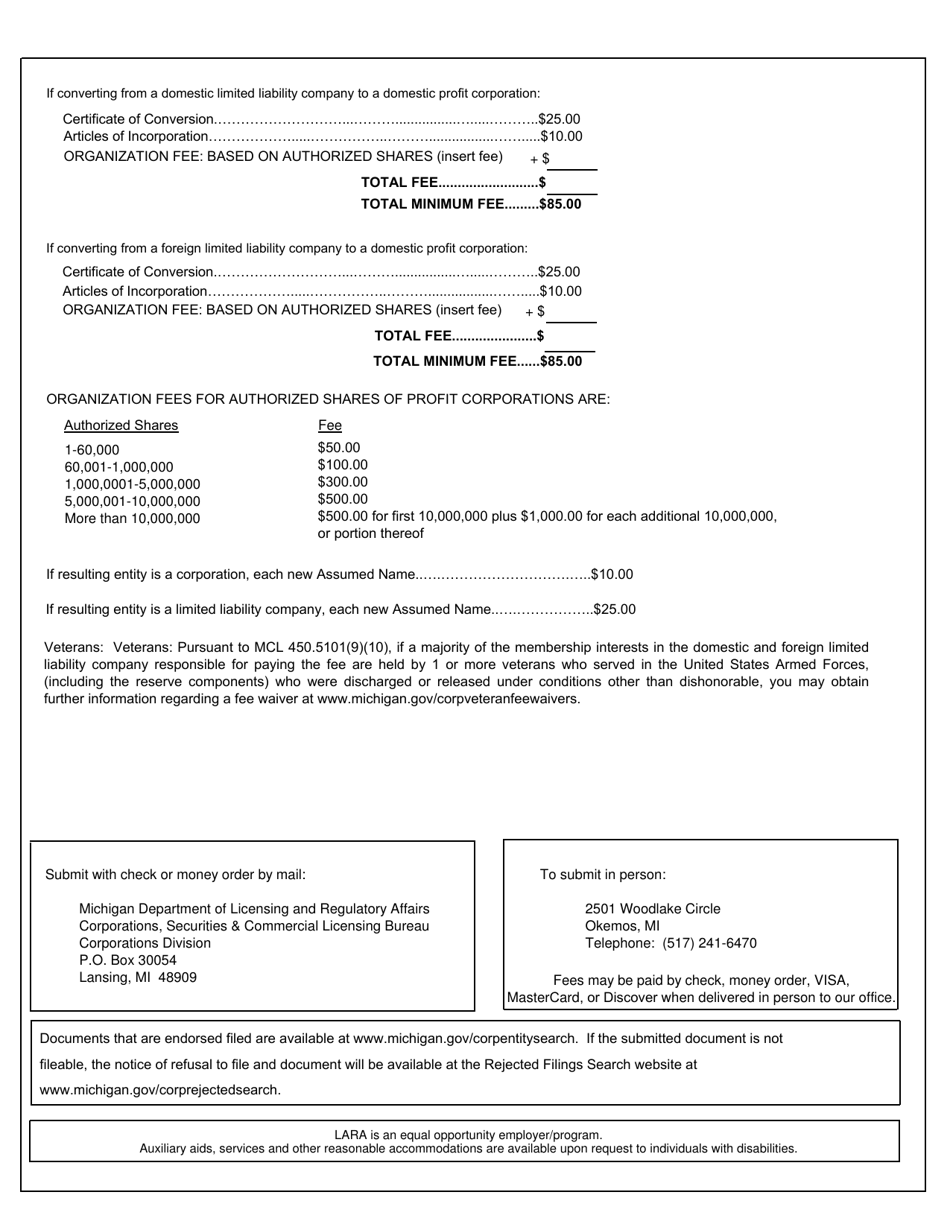 Form CSCL / CD-754 Certificate of Conversion for Use by a Limited Liability Company Converting Into a Business Organization - Michigan, Page 6