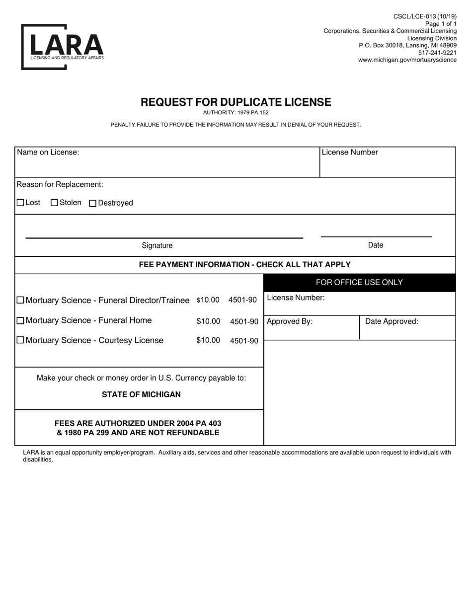 Form CSCL / LCE-013 Request for Duplicate License - Michigan, Page 1