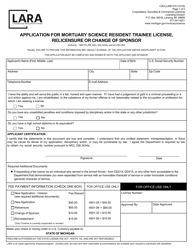 Form CSCL/LMS-010 Application for Mortuary Science Resident Trainee License, Relicensure or Change of Sponsor - Michigan