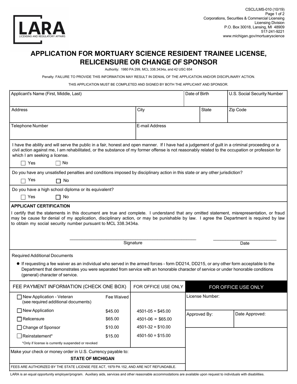 Form CSCL / LMS-010 Application for Mortuary Science Resident Trainee License, Relicensure or Change of Sponsor - Michigan, Page 1