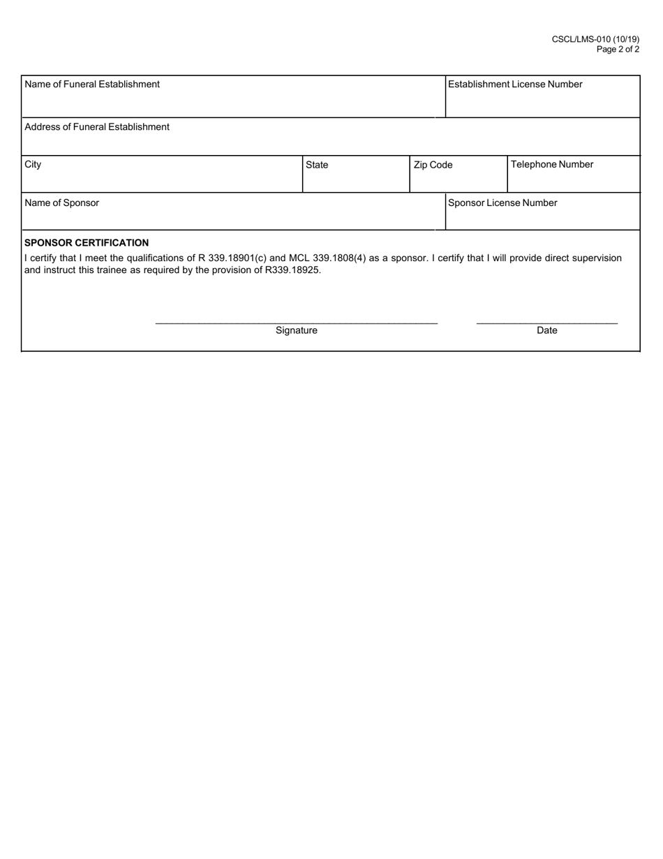 Form CSCL / LMS-010 Application for Mortuary Science Resident Trainee License, Relicensure or Change of Sponsor - Michigan, Page 2