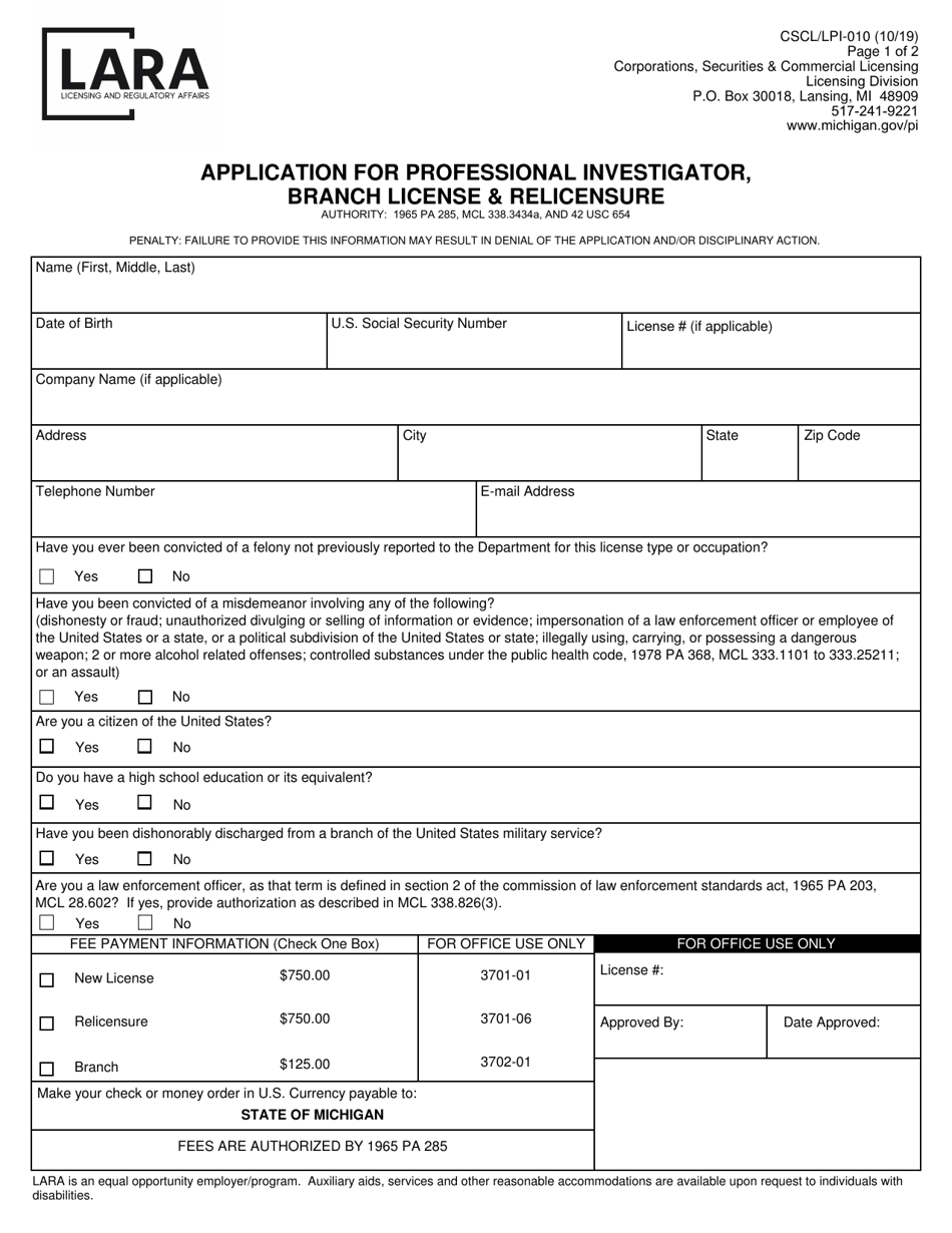 Form CSCL / LPI-010 Application for Professional Investigator, Branch License  Relicensure - Michigan, Page 1