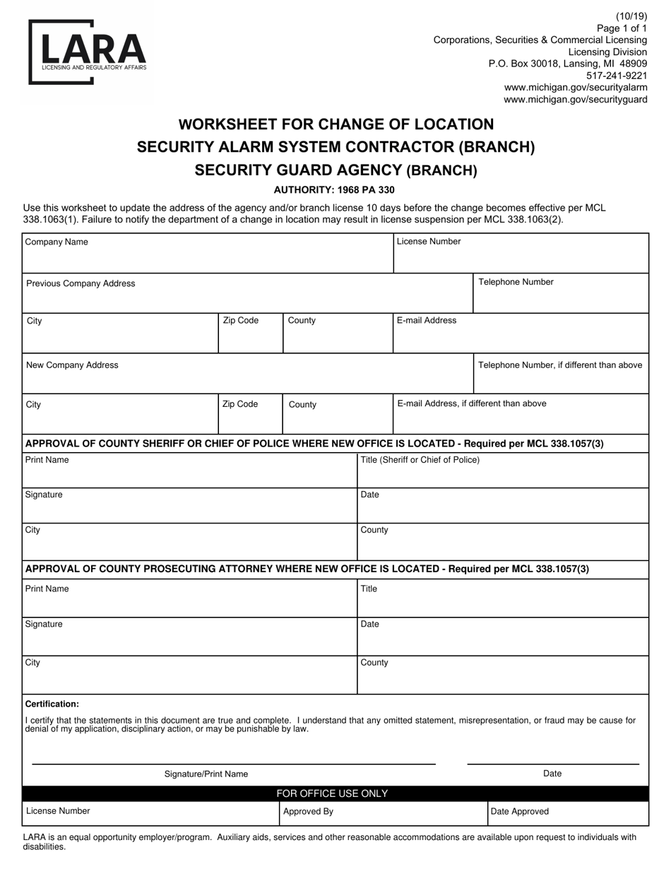 Worksheet for Change of Location - Michigan, Page 1