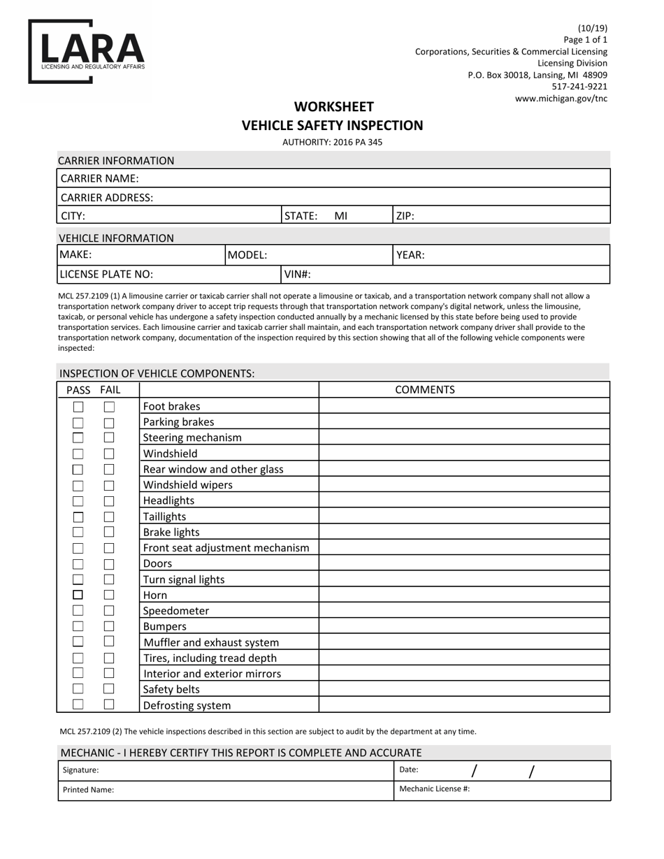 Vehicle Safety Inspection Worksheet - Michigan, Page 1