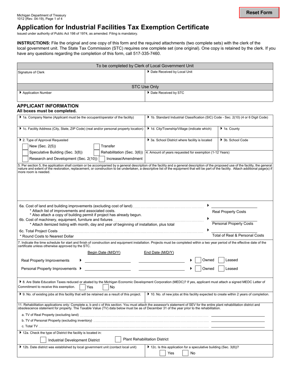 Form 1012 (L-4380) Application for Industrial Facilities Tax Exemption Certificate - Michigan, Page 1